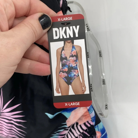 DKNY One Piece Swimsuit Women Size XL Black Pink Floral Halter Tie Neck Swimwear - Picture 5 of 10